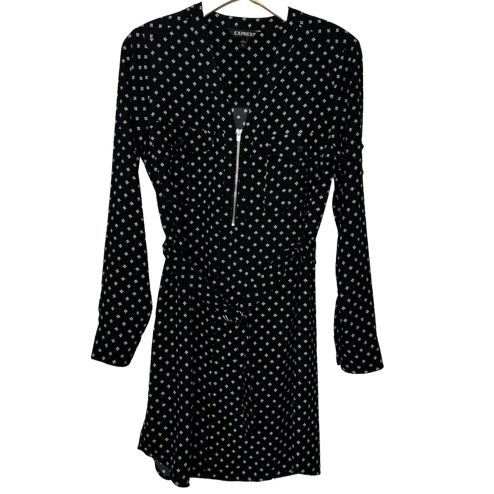 Express Belted Shirt Dress SM Black White Geo Dot Front Zip Bell L/S Career